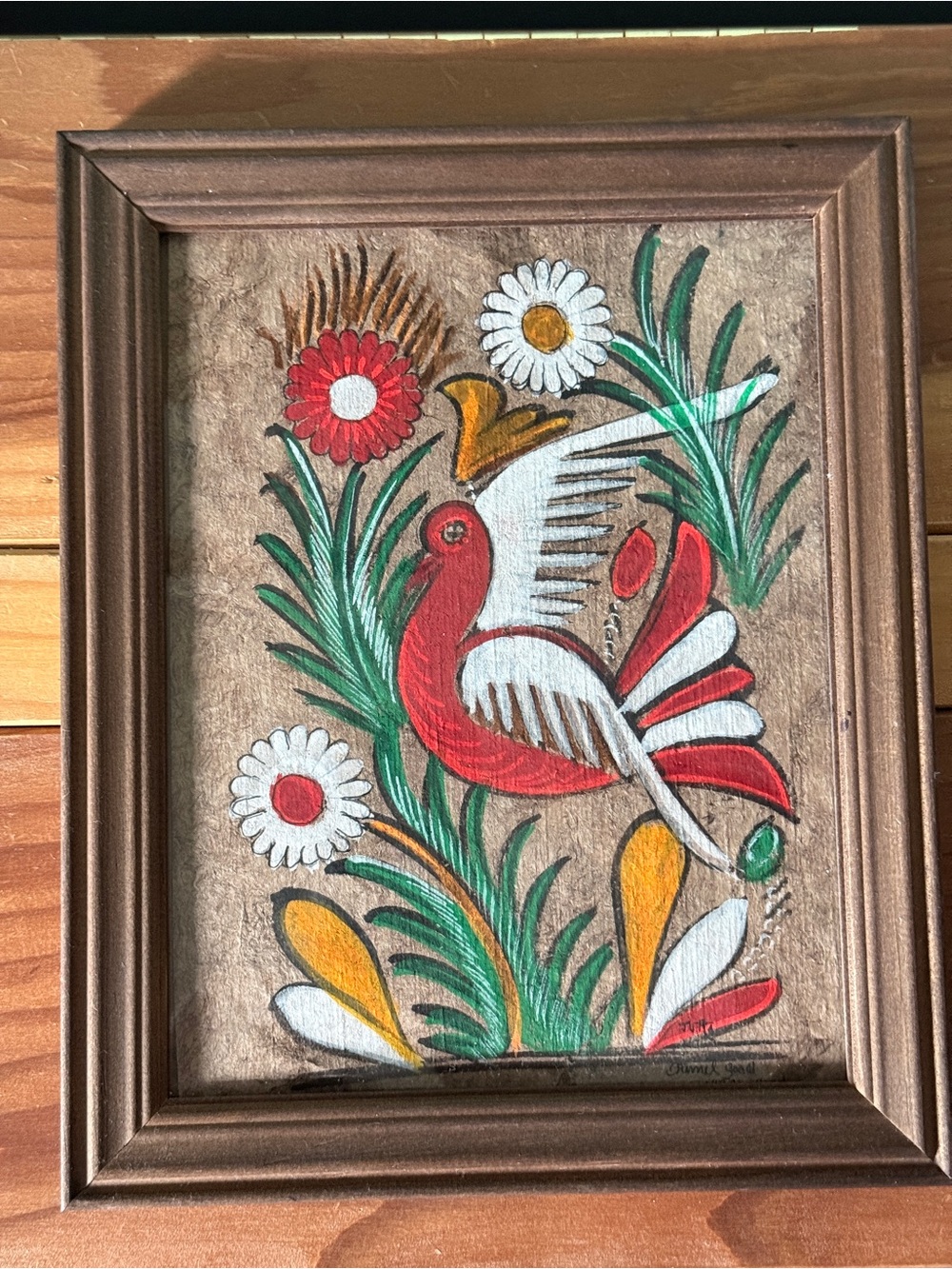 Folk Art Bird Framed Wall Decor 8.5x10.5 Rustic Wood Glass Signed Artwork